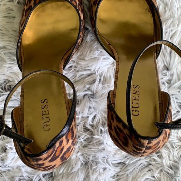 GUESS Hayle 2 Multicolor Leopard Print Fabric Peep Toe Cork Sandal High Heels 8 - Picture 7 of 10